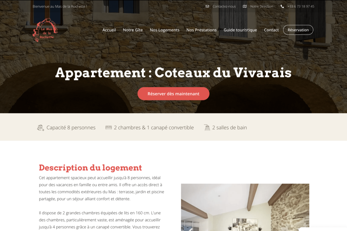 Le Mas de La Rochette, un site internet avec moteur de réservation pour la réservation de gîtes et appartements