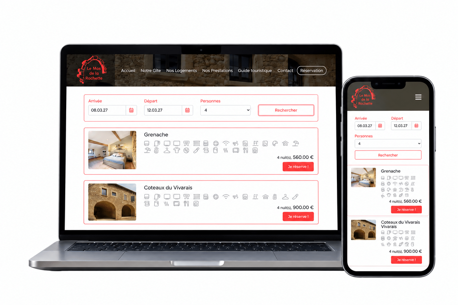 Aperçu du site internet Le Mas de la Rochette affiché sur ordinateur portable et smartphone